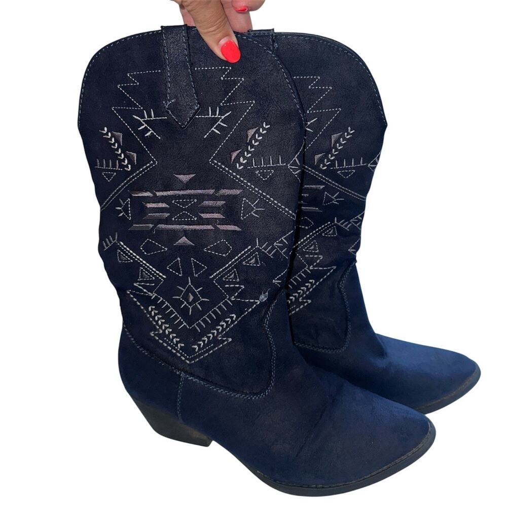 Women’s Navy Blue Aztec Embroidered Western Faux Suede Cowboy Boots Sz 9.5 - Picture 2 of 7